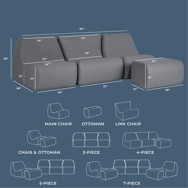 Gray sectional sofa with dimensions and layout diagrams on a blue background #color_moonlit-gray-outdoor-vegan-leather