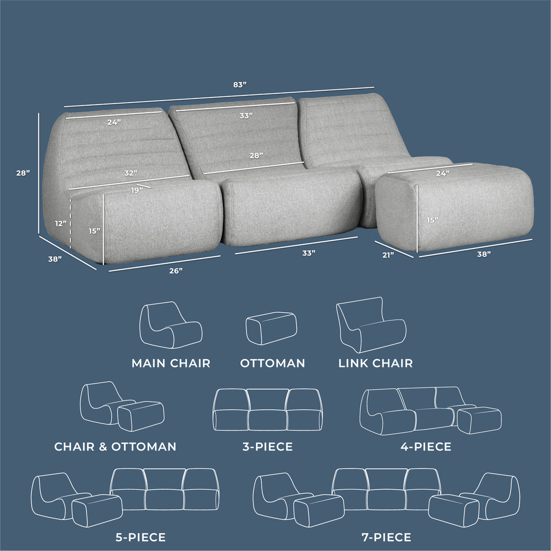Gray sectional sofa with dimensions on a blue background #color_port-gray-outdoor-performance-linen