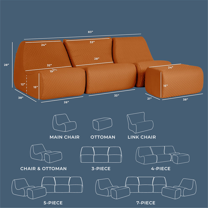 Orange sectional sofa with dimensions on a blue background, featuring diagrams of different configurations. #color_honey-sand-outdoor-vegan-leather