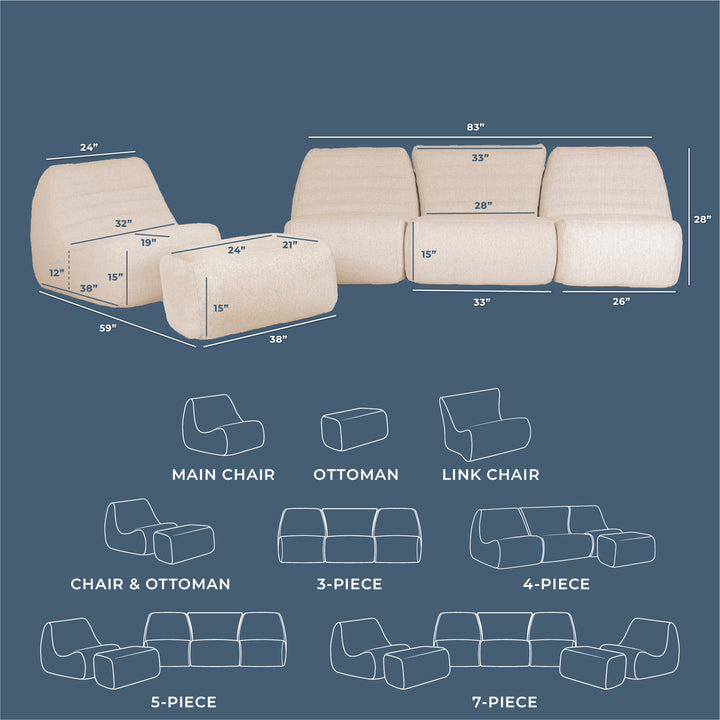 Sofa set with dimensions and assembly diagram on a blue background #color_sunlit-cream-outdoor-performance-linen