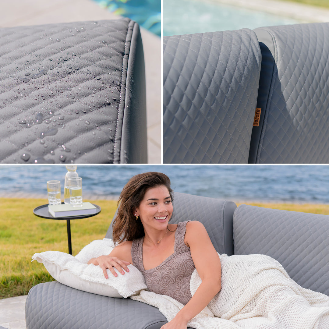 Collage of a gray quilted cover with water droplets, a close-up of the cover, and a woman sitting on a couch with the cover. #color_moonlit-gray-outdoor-vegan-leather