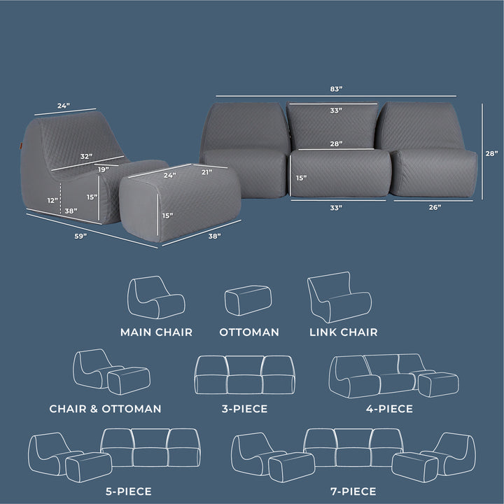 Sofa set with dimensions and layout diagrams on a blue background #color_moonlit-gray-outdoor-vegan-leather