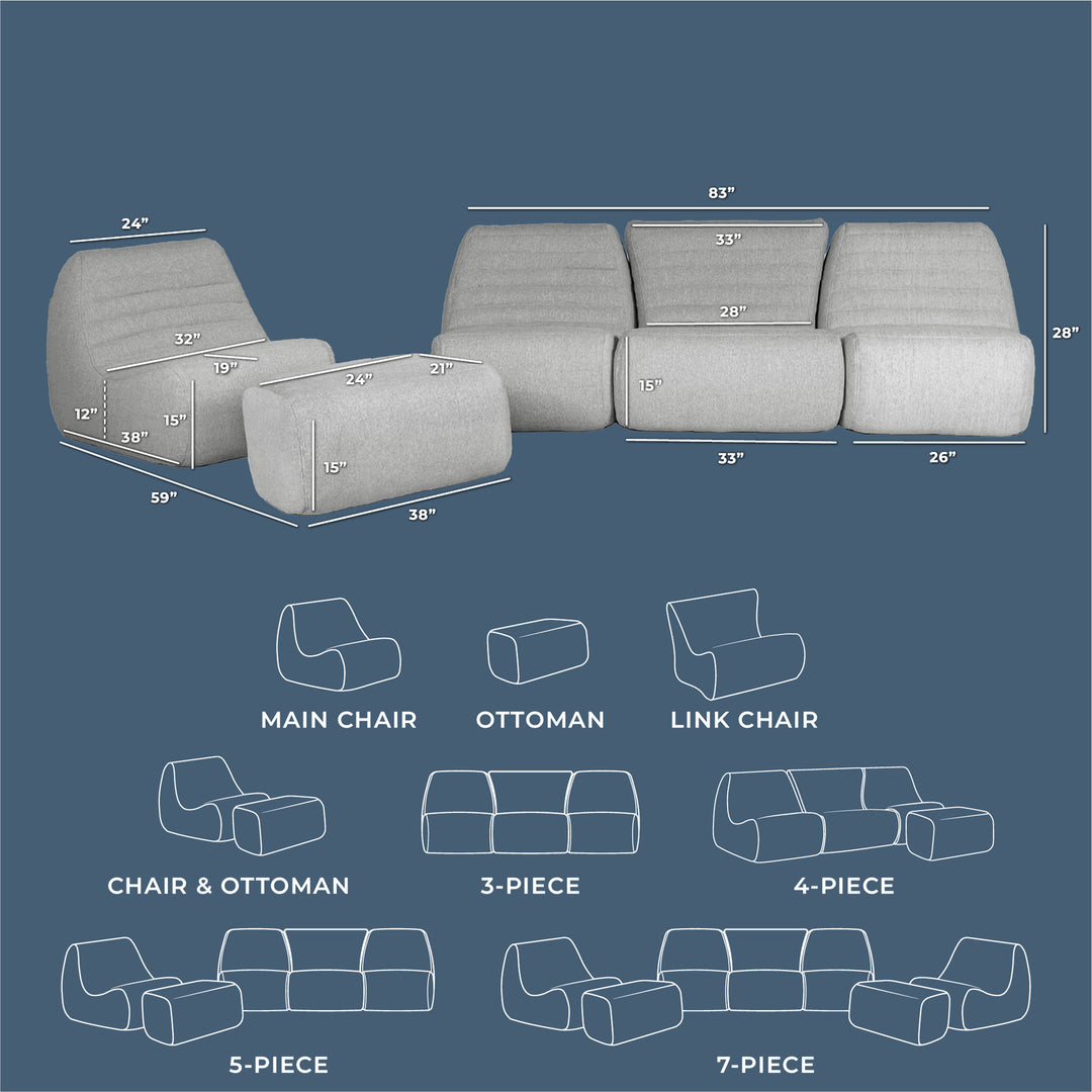 Gray sofa set with dimensions and assembly diagram on a blue background #color_port-gray-outdoor-performance-linen
