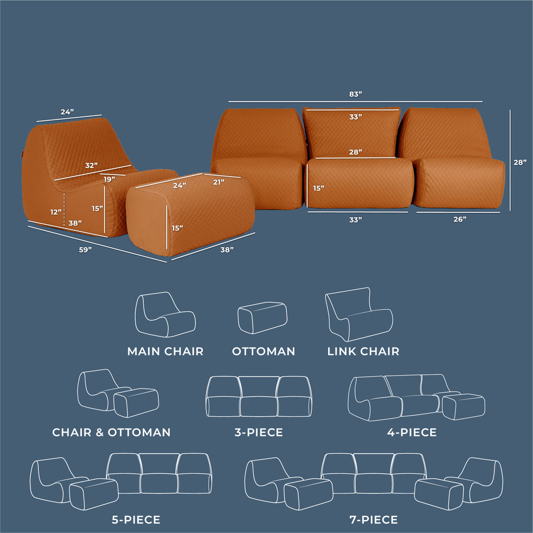 Brown sectional sofa with dimensions on a blue background #color_honey-sand-outdoor-vegan-leather
