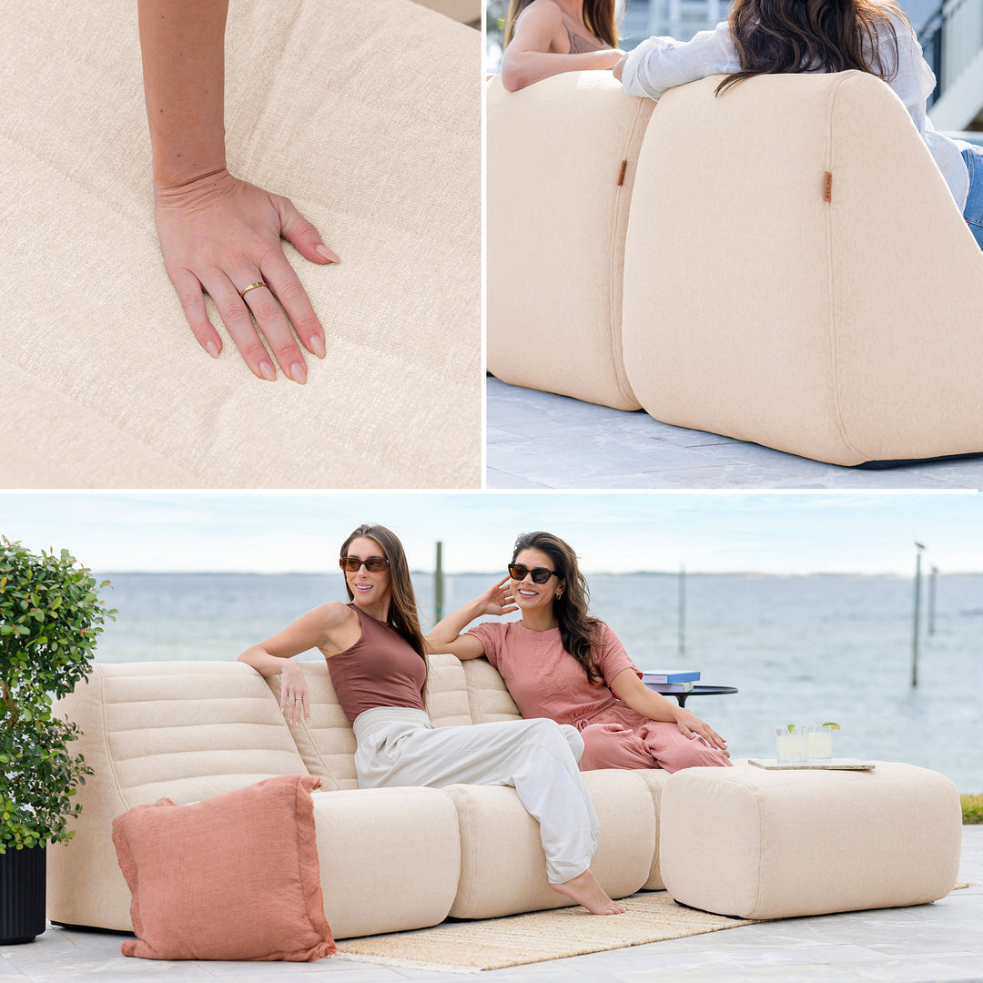 Collage of a beige inflatable outdoor sofa with people using it by a waterfront. #color_sunlit-cream-outdoor-performance-linen