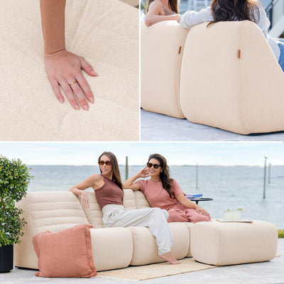 Collage of a beige inflatable outdoor sofa with people using it by a waterfront. 