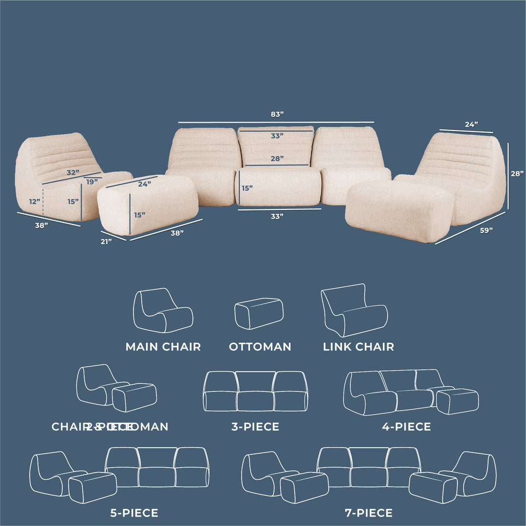 Beige sectional sofa with dimensions on a blue background, accompanied by line drawings of individual pieces and their names. #color_sunlit-cream-outdoor-performance-linen