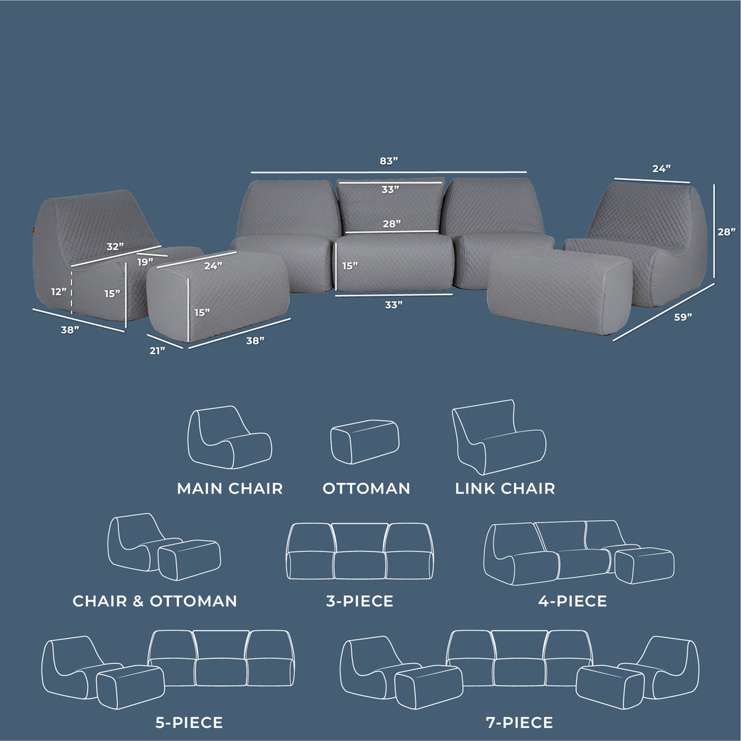 Sofa set with dimensions and component illustrations on a blue background #color_moonlit-gray-outdoor-vegan-leather