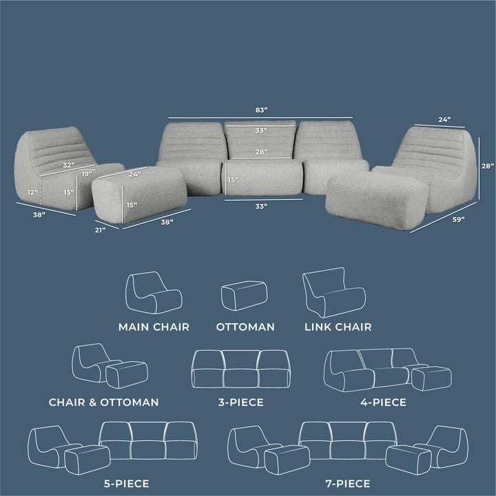 Sofa set with dimensions and layout diagrams on a blue background #color_port-gray-outdoor-performance-linen