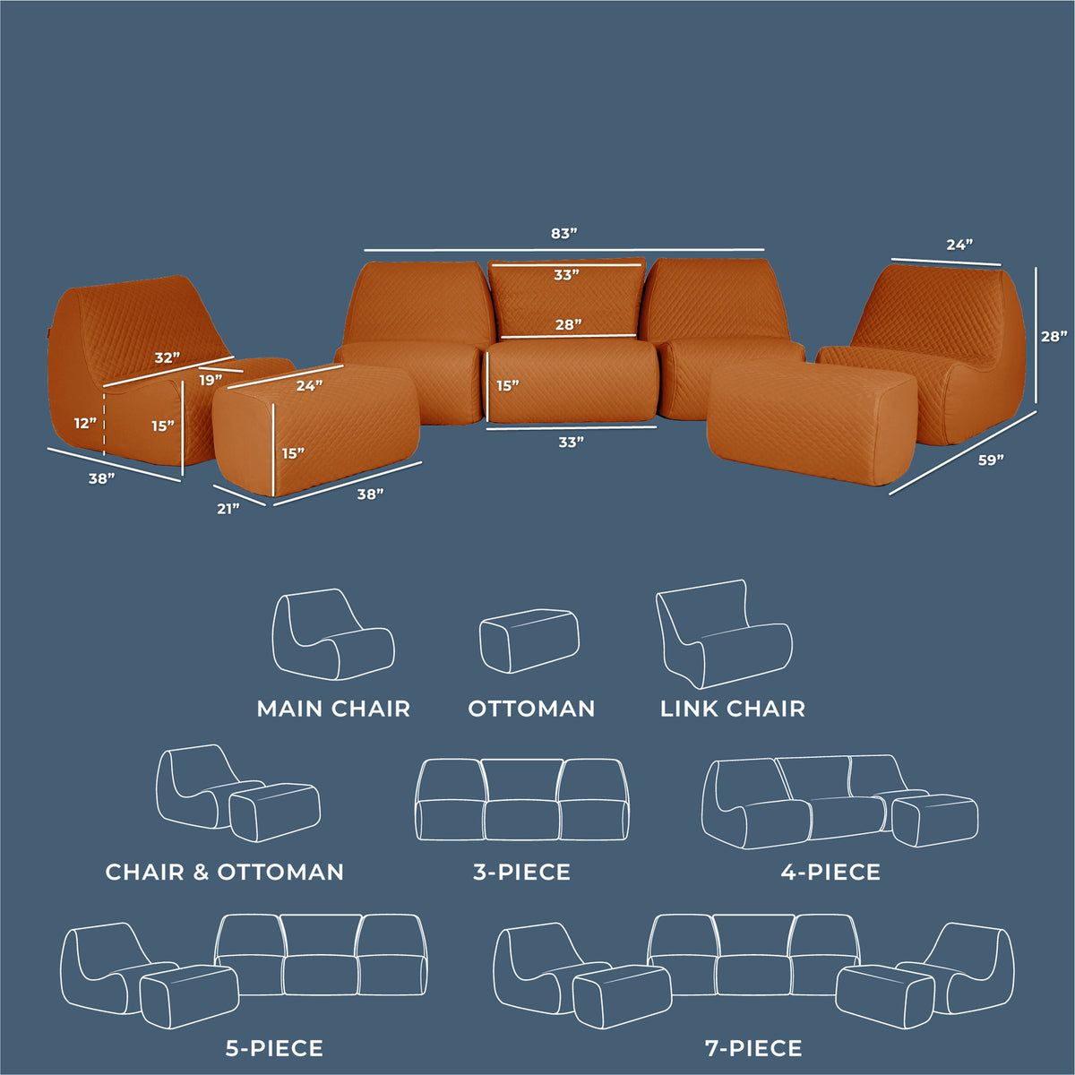 Sofa set with dimensions and layout on a blue background 