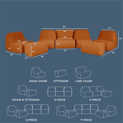 Sofa set with dimensions and layout on a blue background 