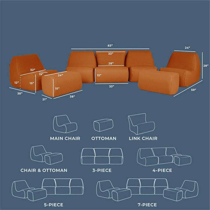 Sofa set with dimensions and layout on a blue background #color_honey-sand-outdoor-vegan-leather