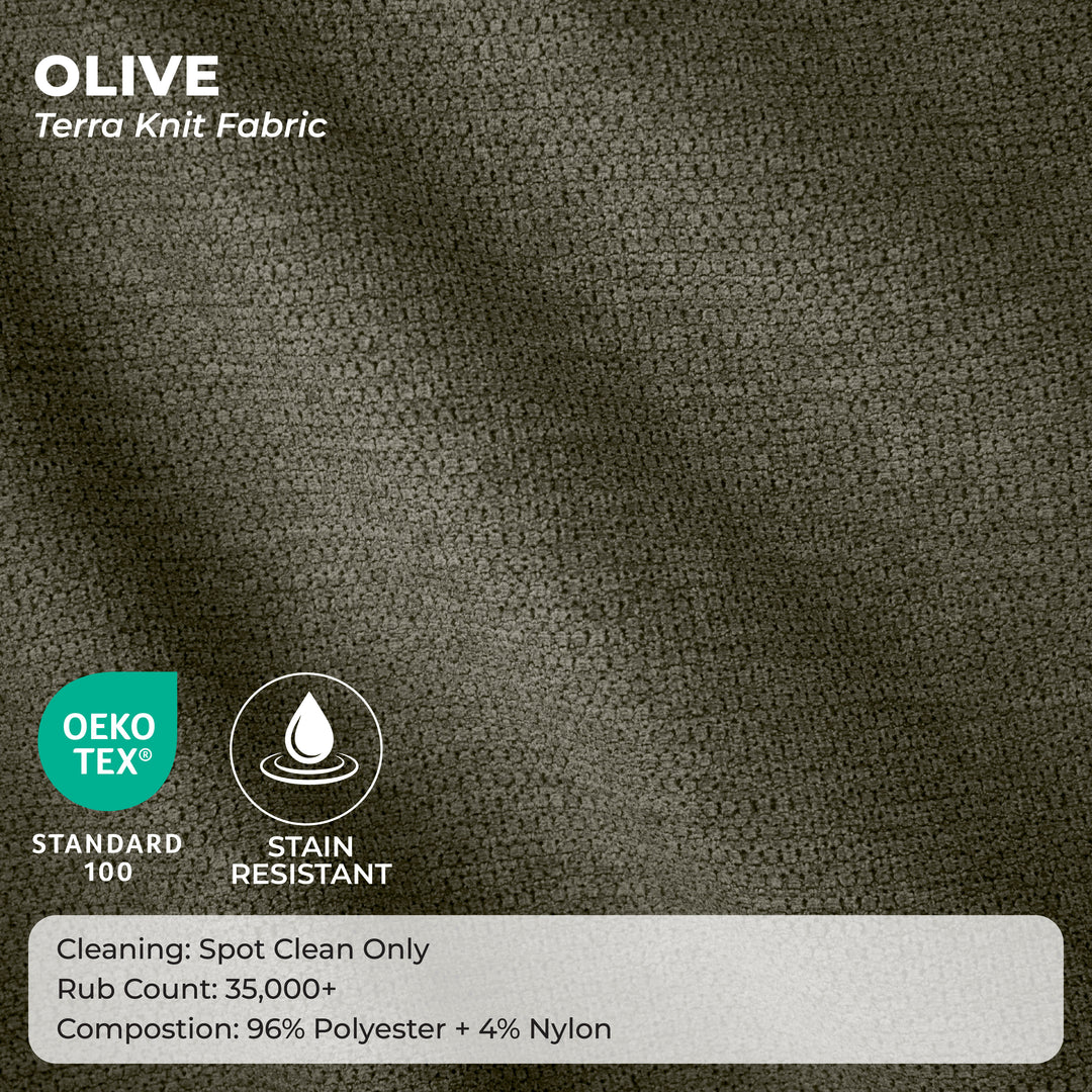 Olive green terracotta knit fabric texture swatch with product details text overlays including OEKO-TEX Standard 100 and Anti Stain icons. 