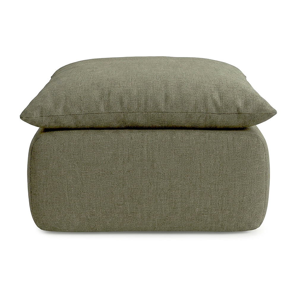 Green upholstered ottoman with a cushion on a white background #color_olive-green-terra-knit