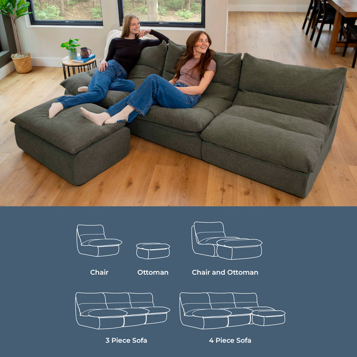 Two people sitting on a large olive green sectional sofa in a living room with diagram below showing different configurations. 