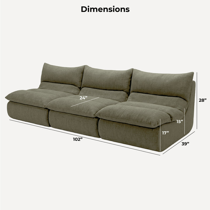 A three-seat upholstered sofa shown on a light gray background with dimension lines and labels indicating width 102 inches, depth 39 inches, height 28 inches, cushion width 24 inches, back cushion height 15 inches, and side height 17 inches. The word &
