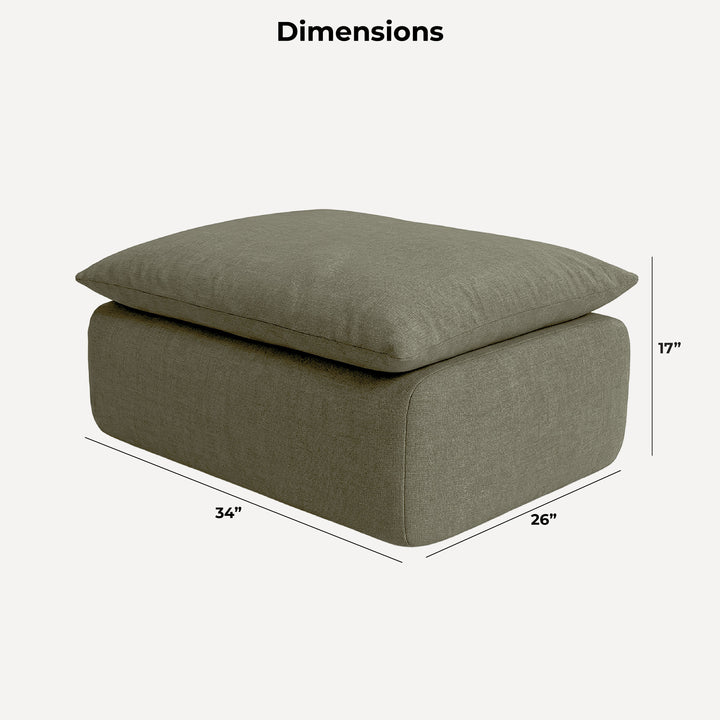 A square ottoman or floor cushion with a top cushion resting on a boxy base, shown with dimension labels reading 34 inches wide, 26 inches deep, and 17 inches high on a light gray background.  