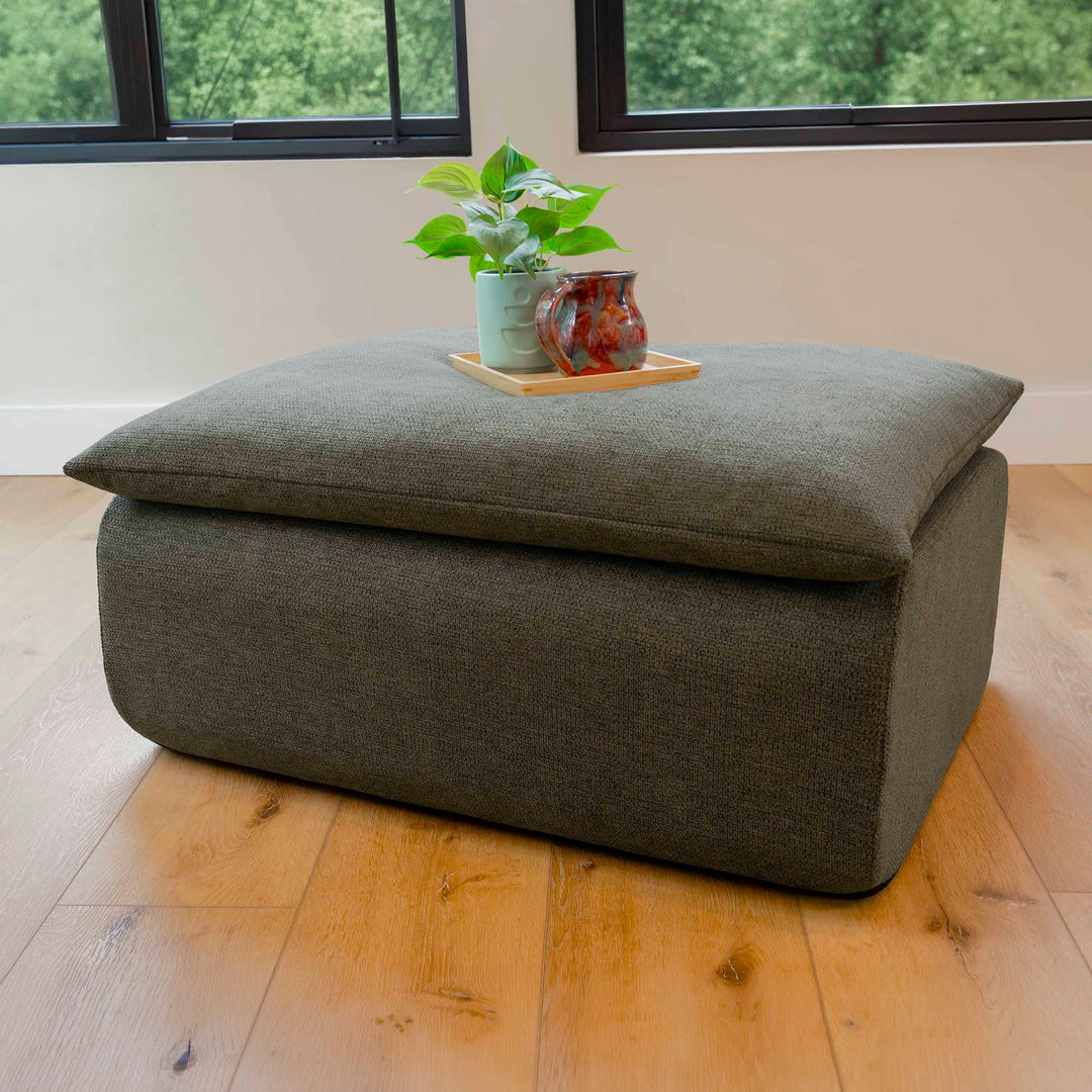 Gray ottoman with a plant and decorative items on a wooden floor. 