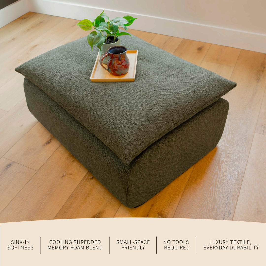 Green ottoman on a wooden floor with a plant and pot on top, featuring text about product features. 
