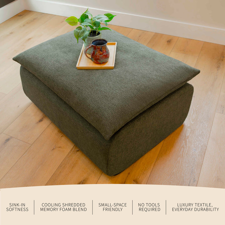 Green ottoman on a wooden floor with a plant and pot on top, featuring text about product features. 