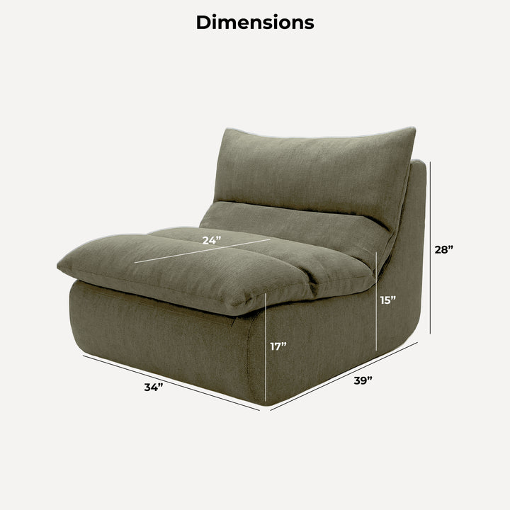 A gray upholstered lounge chair shown with dimension callouts and labels on a light gray background, under the heading &