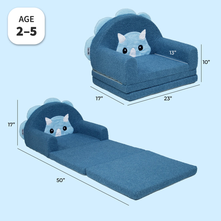 Blue pet bed shown in two configurations: as a small armchair with a cat face on the backrest and as a flat fold-out mat. The image includes dimension labels and an &