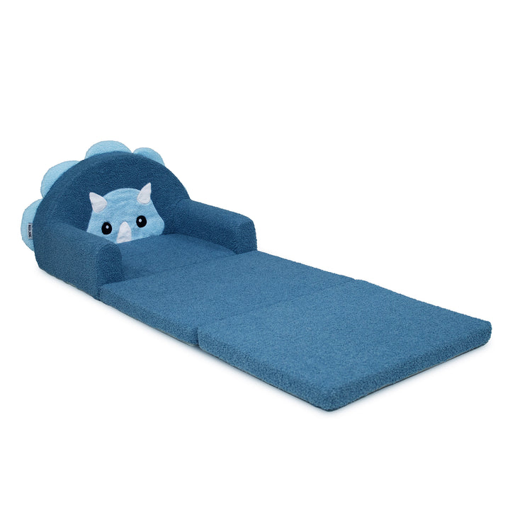 A blue convertible foam play mat with a cloud-shaped headrest featuring a cartoon cat face, shown on a plain white background. 