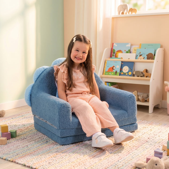 A young girl with long brown hair sits smiling in a cozy, colorful children&