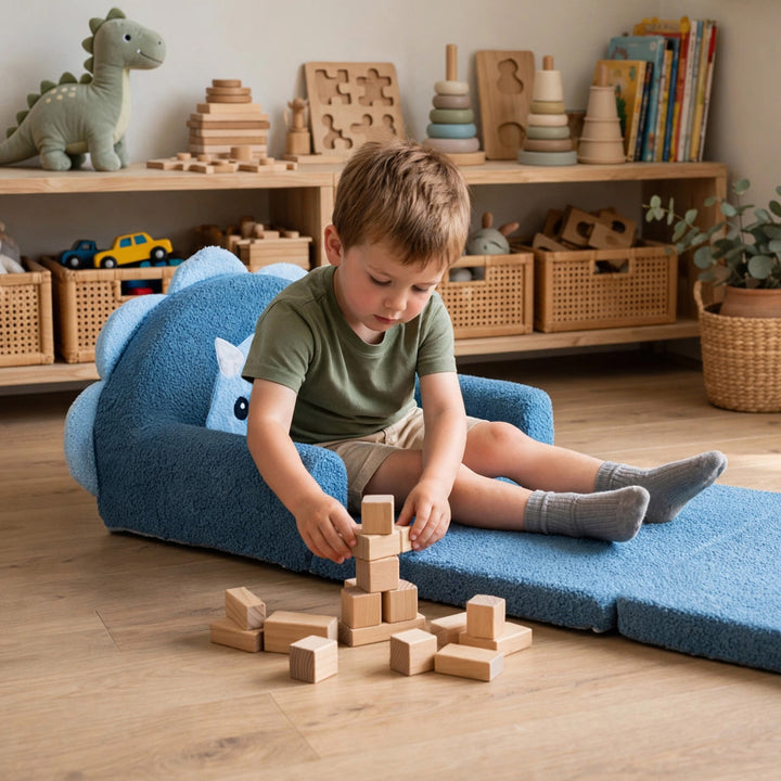 A young boy sits on a blue plush floor chair in a bright children&
