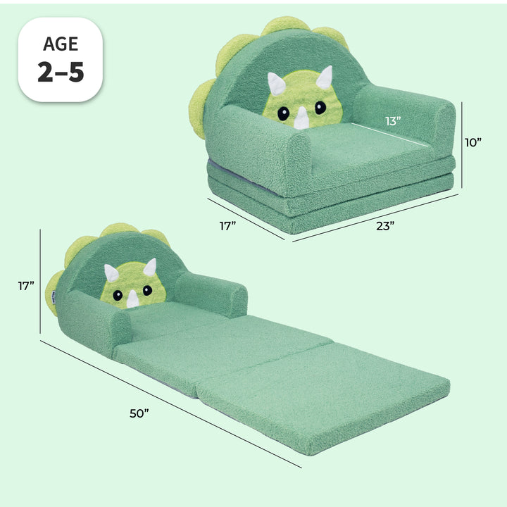 Green dinosaur-themed floor sofa shown in two configurations: as a small armchair and as a floor cushion. The sofa features a plush green body, a dinosaur face on the headrest, and dimension lines indicating measurements of 17x23 inches for the chair and 17x50 inches for the folded floor cushion, on a pale mint green background. 