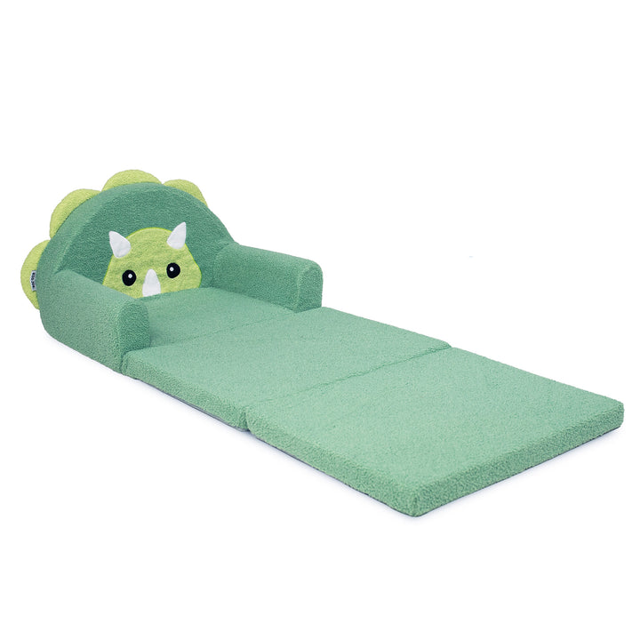 A green dinosaur-themed foam play mat with a plush headrest featuring a cartoon Triceratops face, shown on a plain white background. 