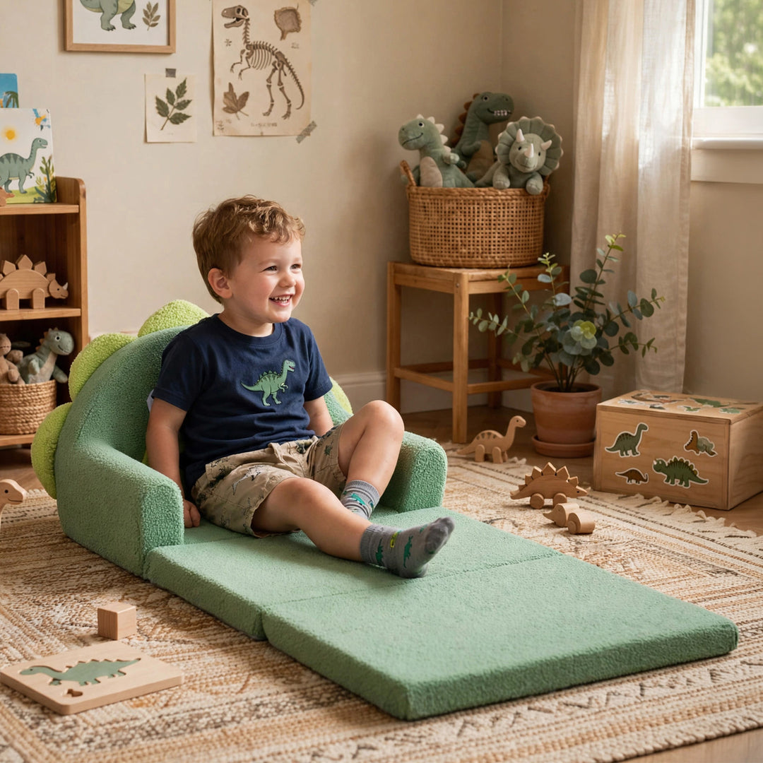 A young boy sits smiling on a green dinosaur-themed foam play couch in a cozy, dinosaur-themed children&