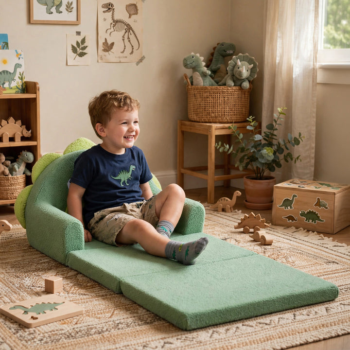 A young boy sits smiling on a green dinosaur-themed foam play couch in a cozy, dinosaur-themed children&