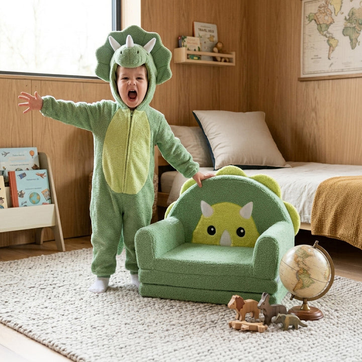 A baby wearing a green dinosaur costume stands next to a matching green dinosaur armchair in a cozy, wood-paneled child&