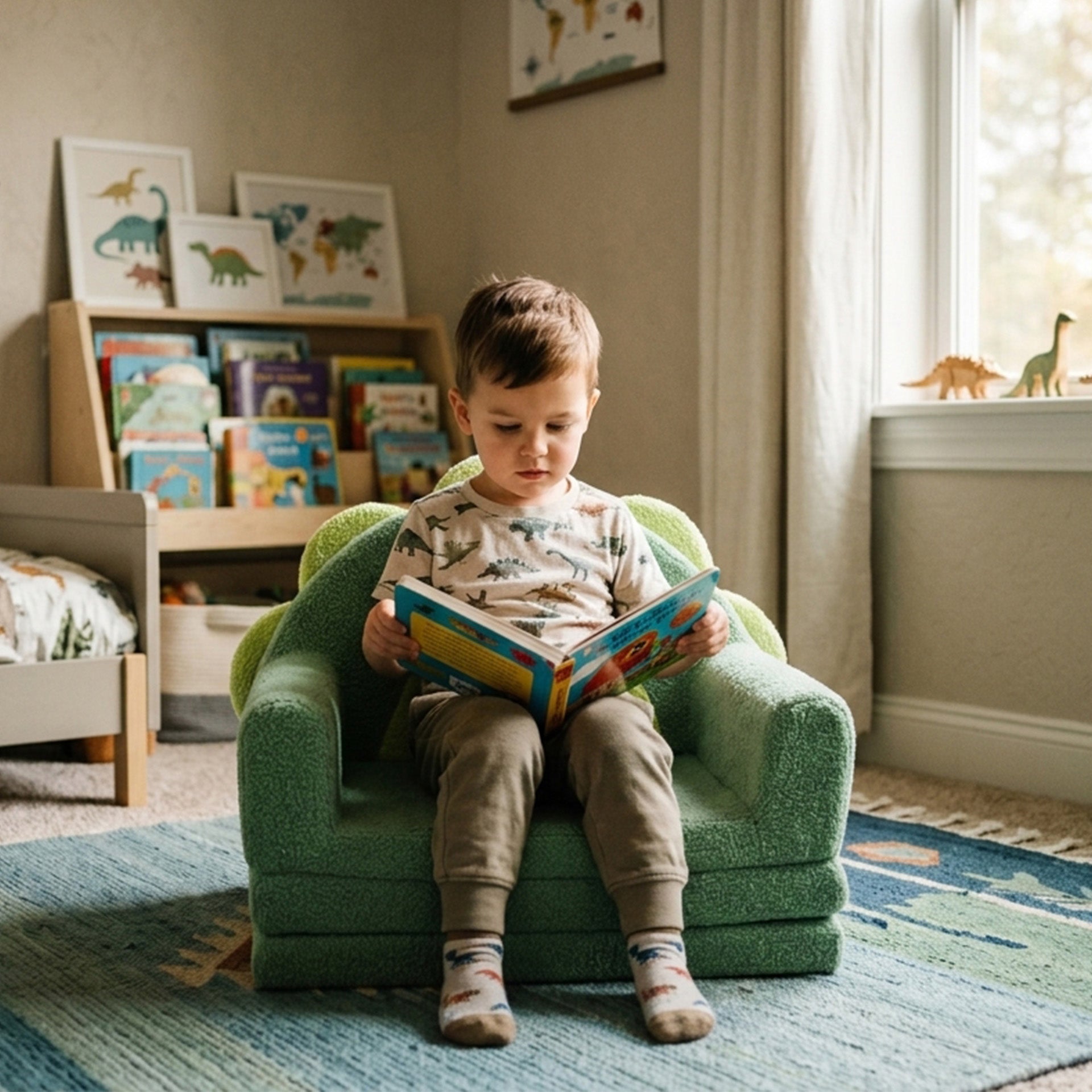 A young boy sits in a small green armchair reading a colorful book in a softly lit children's room. The room includes a bookshelf, framed dinosaur artwork, a window with curtains, and a rug. #style_green-dinosaur