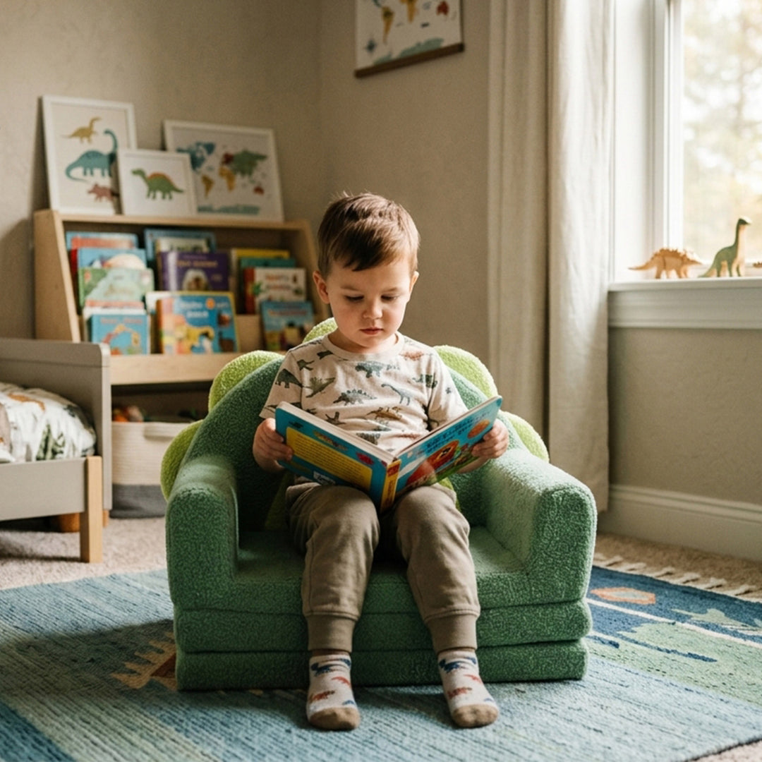 A young boy sits in a small green armchair reading a colorful book in a softly lit children&