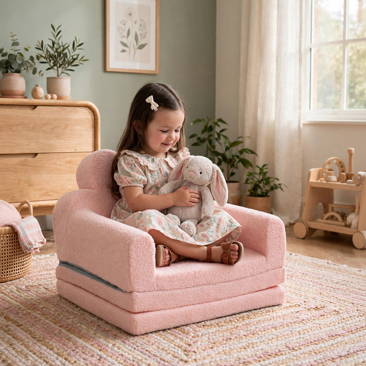A young girl sits in a small pink plush armchair, holding a gray stuffed bunny in a softly lit nursery. The room has light wood furniture, plants, and a striped rug. 