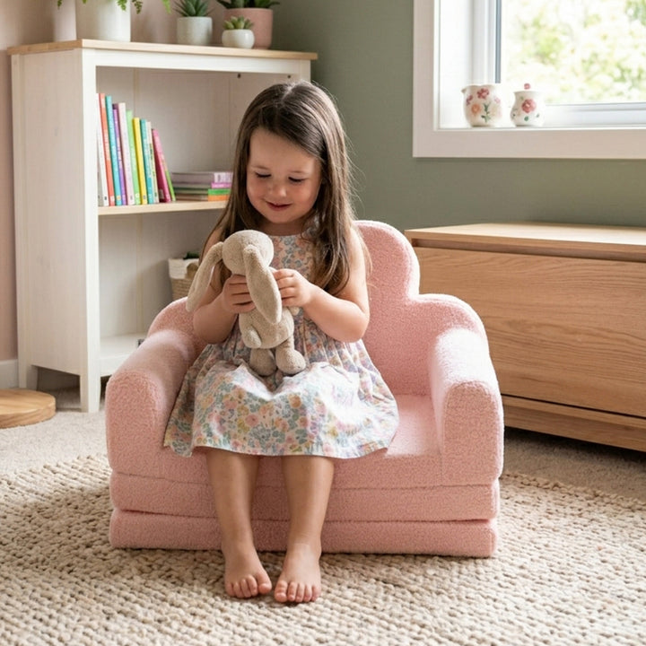 A young girl with long brown hair sits barefoot in a small pink plush armchair, holding a beige bunny plush toy in a child&