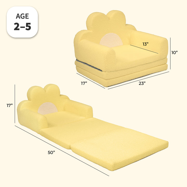 Yellow cloud-shaped convertible play couch shown in two configurations with dimension lines and text indicating age 2-5. The top view shows the cloud armchair seat with a fold-out base measuring 17x23x10 inches, and the bottom view shows it unfolded into a longer play mat/bed measuring 50x17 inches. 