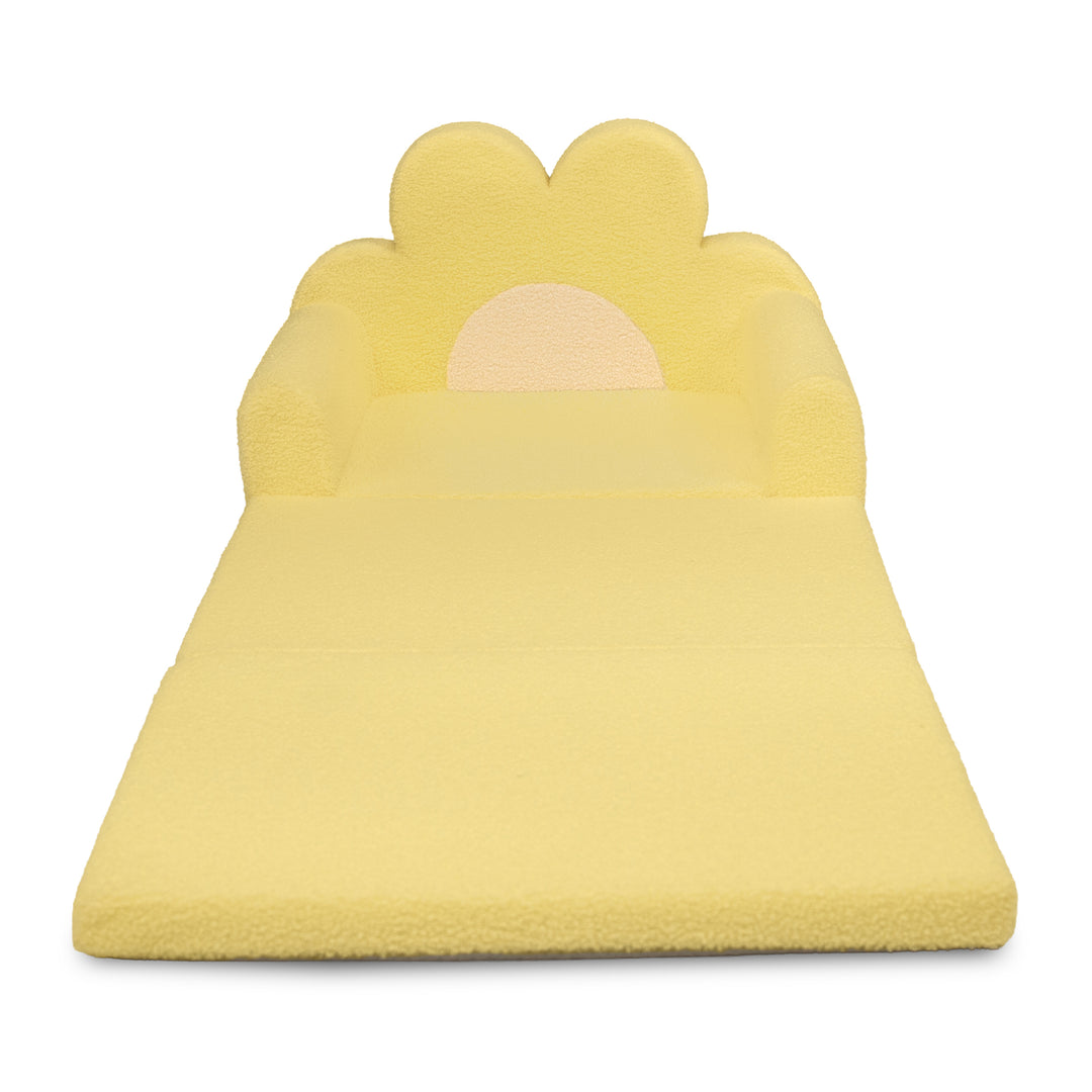 A yellow plush foam play mat with a cloud-shaped backrest and a small sun motif, shown on a plain white background. 