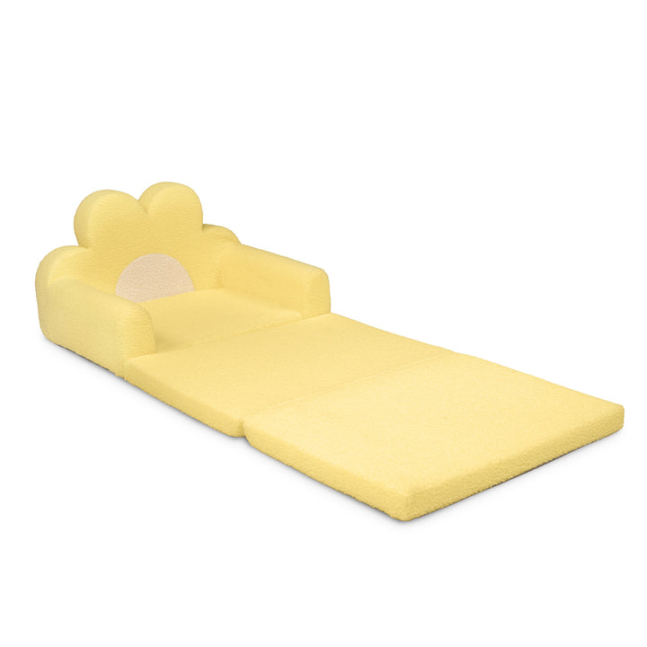 A yellow foam play mat with a cloud-shaped headrest and armrests, shown on a plain white background. 