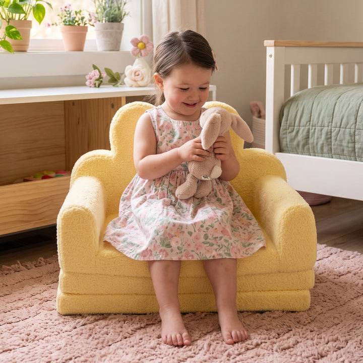 A young girl in a floral dress sits on a small yellow plush armchair in a bright bedroom, holding a beige stuffed bunny toy. 