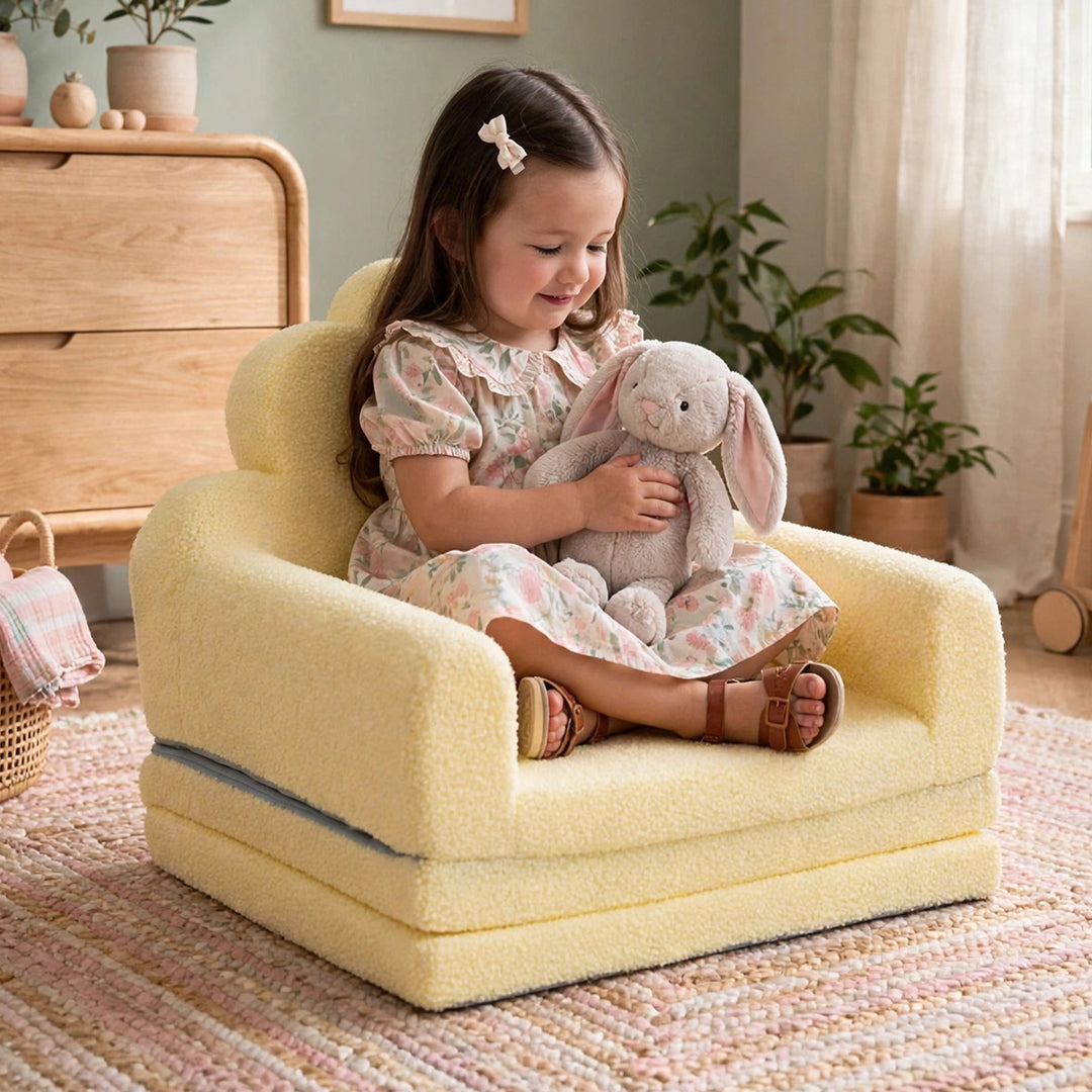 A young girl sits in a small cream-colored plush armchair, holding a gray stuffed bunny. The scene is set in a cozy, softly-lit nursery with wooden furniture, plants, and a striped rug. 