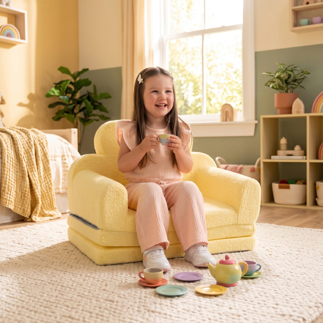 A young girl with long brown hair sits smiling in a yellow plush armchair in a bright, styled children&