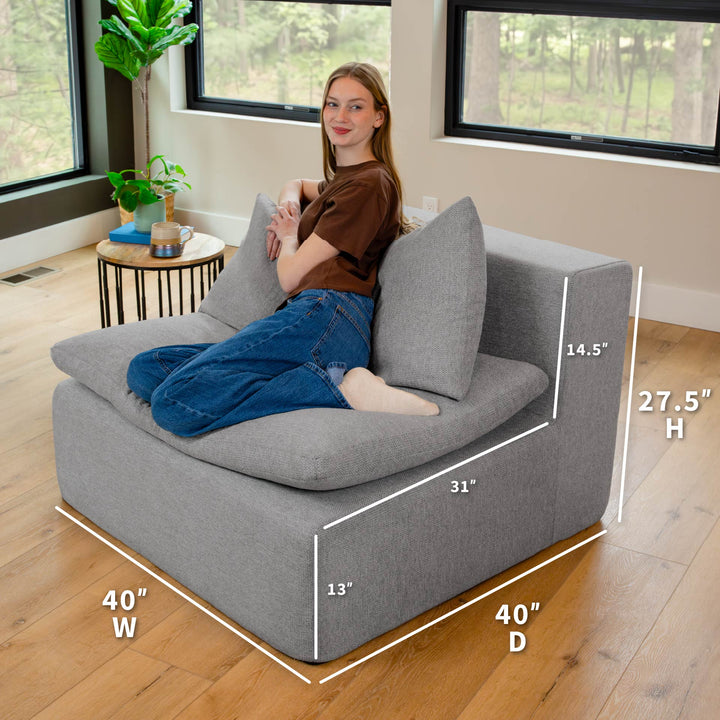 Gray sectional sofa with dimensions displayed, person sitting on it in a room with large windows. 