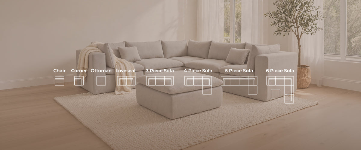 A light beige sectional sofa with matching ottoman in a bright, modern living room. White text overlays at the bottom show sofa piece counts ranging from Chair to 6 Piece Sofa.