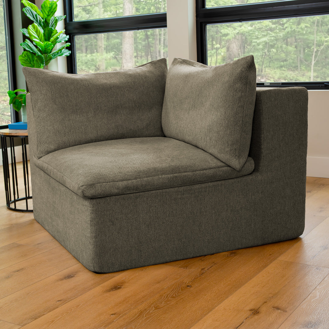 Averra Corner Chair in living room #color_misty-gray-terra-knit