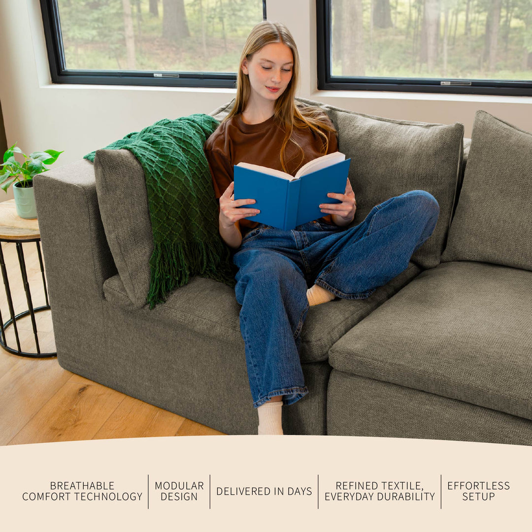 Woman reading a book on a corner chair of the sofa, with features and benefits listed. 