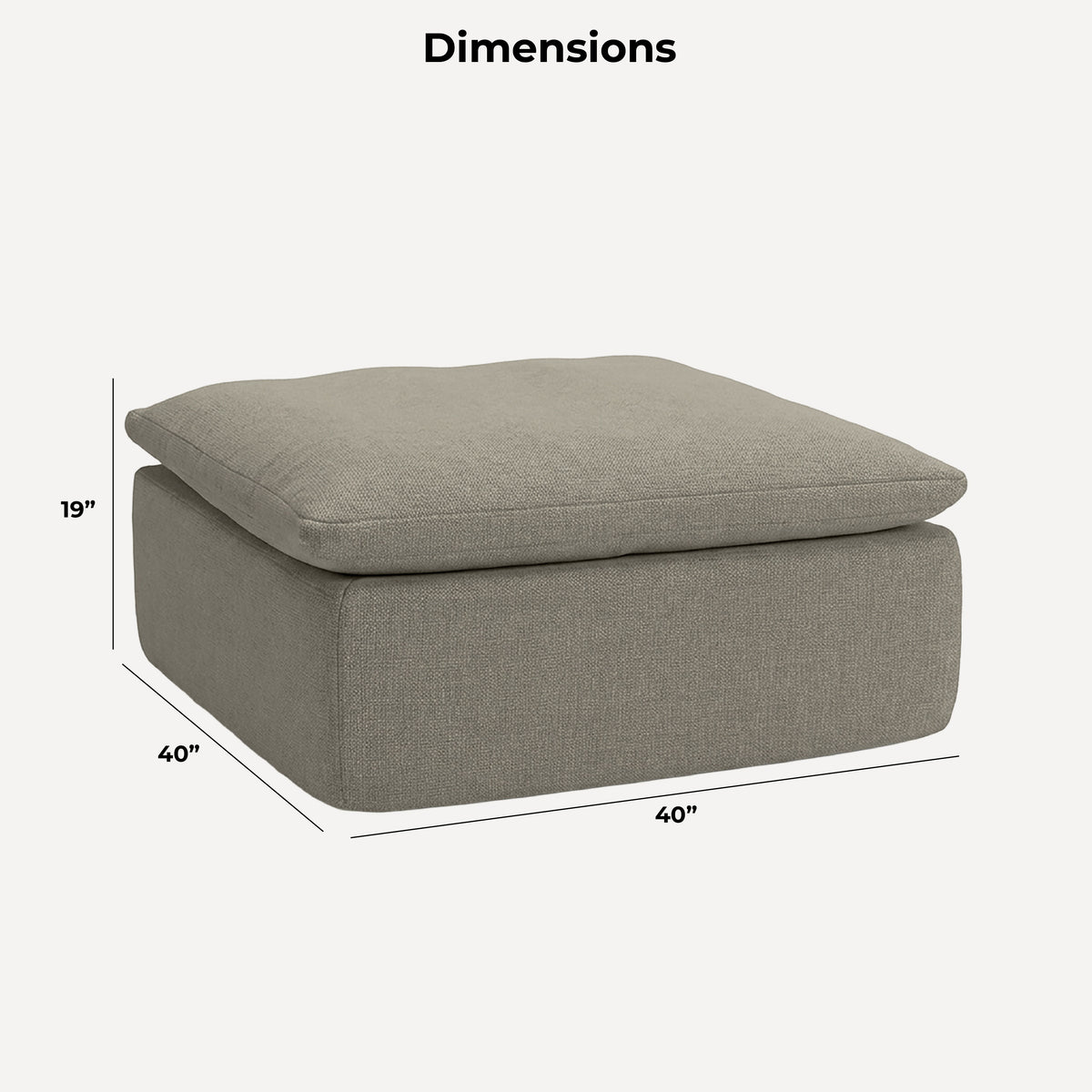 Averra Ottoman with product dimensions in a living room. #color_misty-gray-terra-knit