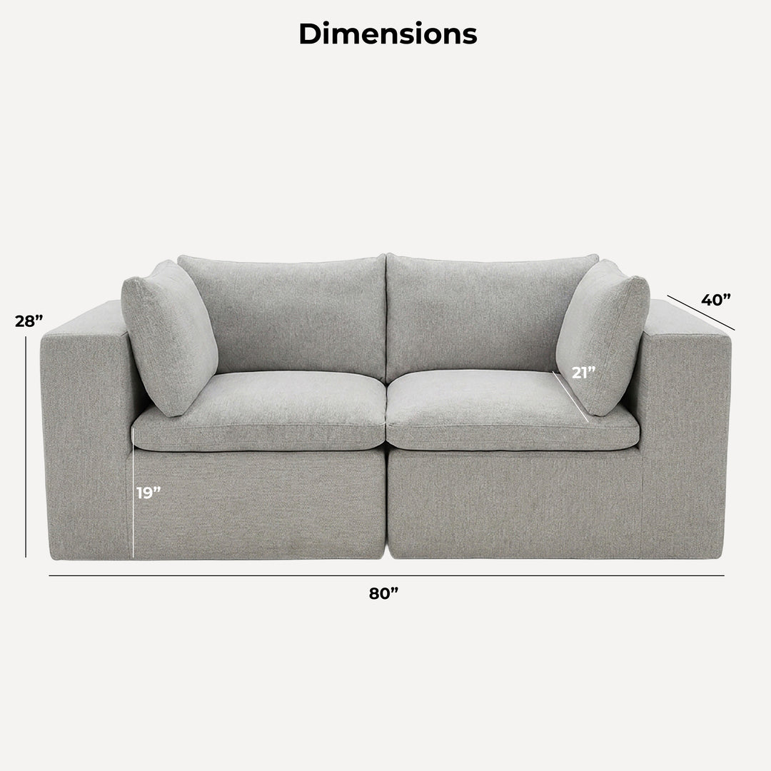 A light gray upholstered loveseat shown with dimension callouts and labels on a plain light background, including width 80 inches, height 28 inches, depth 40 inches, seat width 217 inches, and back cushion depth 217 inches. 